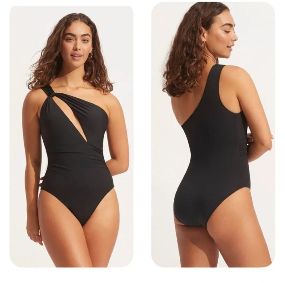 Seafolly Collective One Shoulder One Piece Swim Suit 14 NWT Black Travel Resort